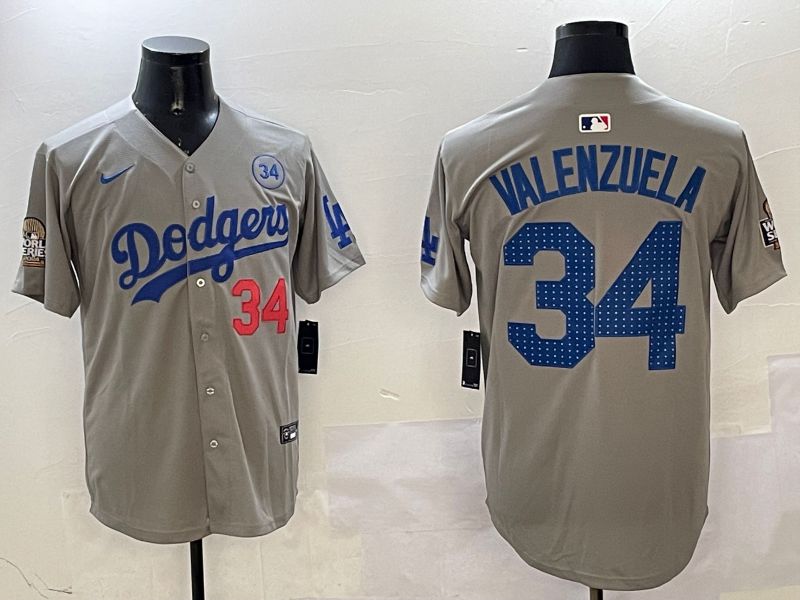 Men Los Angeles Dodgers #34 Valenzuela Grey Blue Fashion Game 2025 Nike MLB Jersey style 326->los angeles dodgers->MLB Jersey